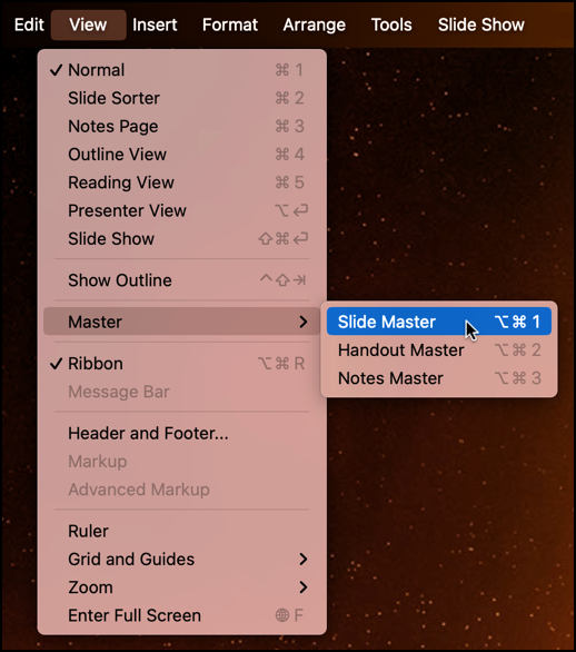 powerpoint change theme master - view menu > master slide