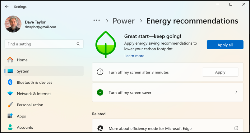 win11 change display timeout sleep - energy recommendations