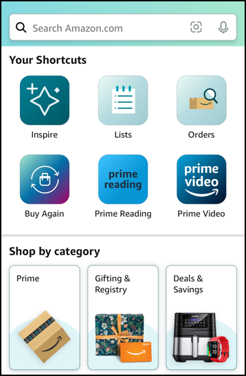 amazon mobile app notifications alerts - shortcuts shop by category