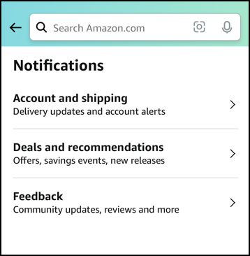 amazon mobile app notifications alerts - settings > notifications