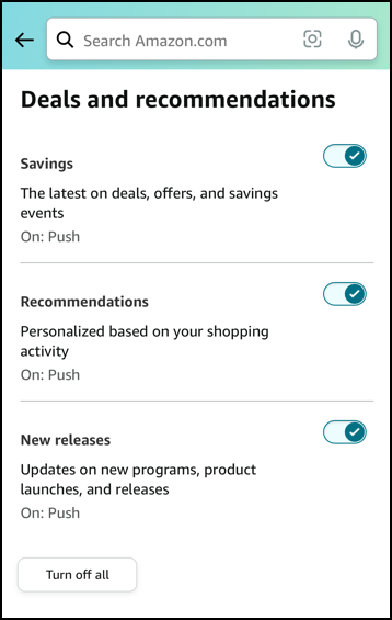 amazon mobile app notifications alerts - settings > notifications > deals and recommendations