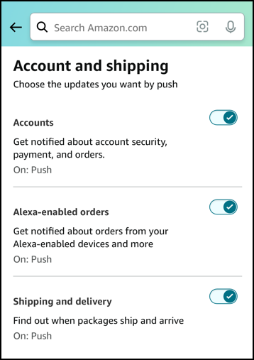 amazon mobile app notifications alerts - settings > notifications > account and shipping