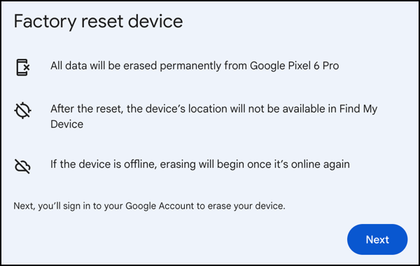 google find my device android access - factory reset device