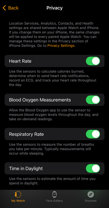 apple watch health time daylight - iphone app settings > privacy