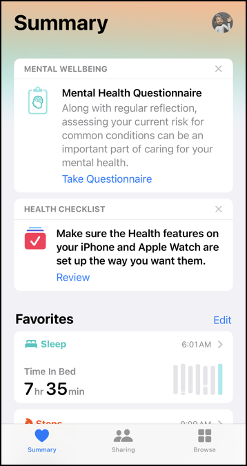 apple watch health time daylight - health app - main screen