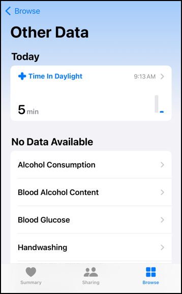 apple watch health time daylight - health app - time in daylight today