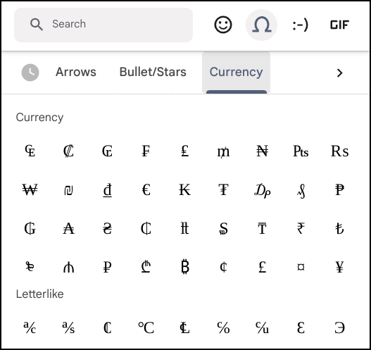 chromebook chromeos emoji gif picker tool - characters symbols currency