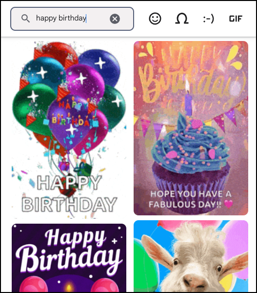 chromebook chromeos emoji gif picker tool - search for 'happy birthday' animated gif