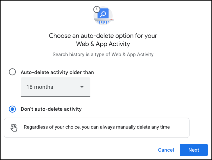google delete manage search history - auto-delete