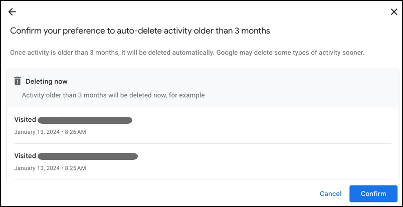 google delete manage search history - confirm auto-delete preference
