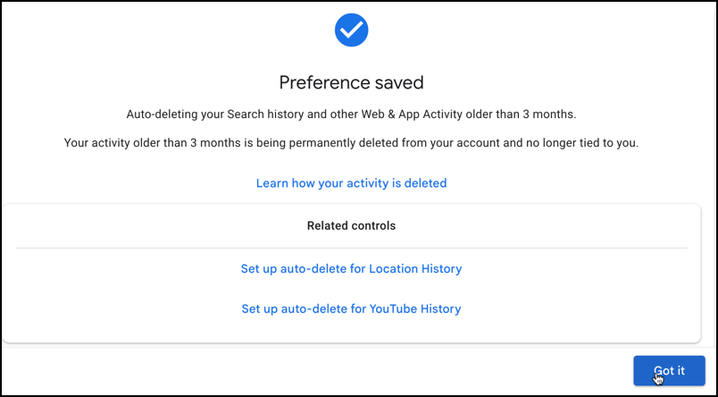google delete manage search history - auto-delete preference saved set