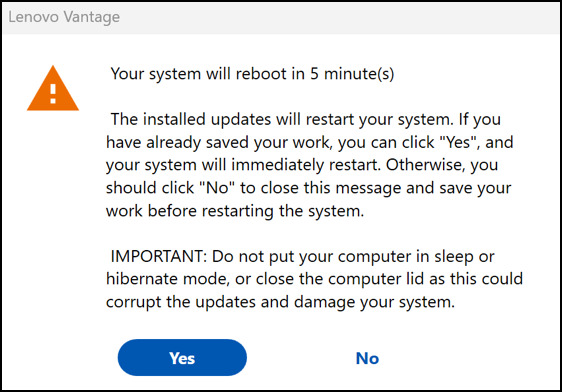 lenovo vantage update bios - will reboot in 5 minutes