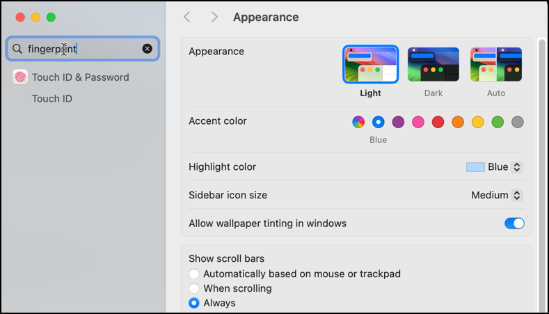 mac macos touch id fingerprint - system settings - search 'finger'
