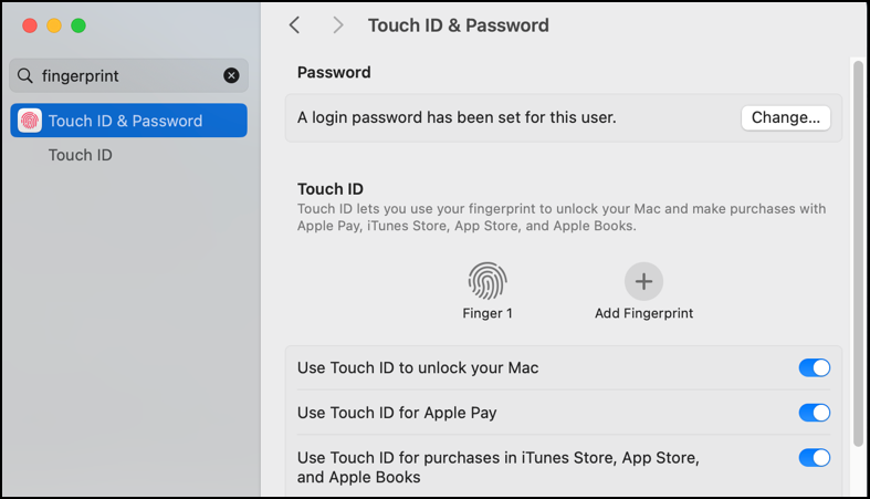 mac macos touch id fingerprint - system settings : touch id
