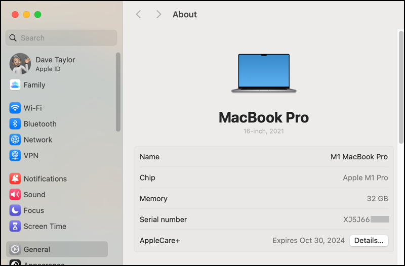 mac macos macbook model number serial - system settings > general