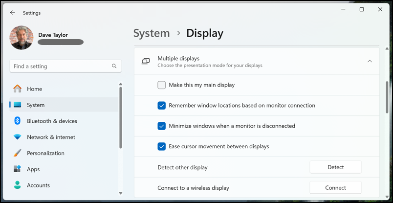 win11 second display monitor - system > display 1