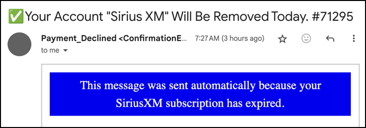 siriusxm renewal spam scam - base message