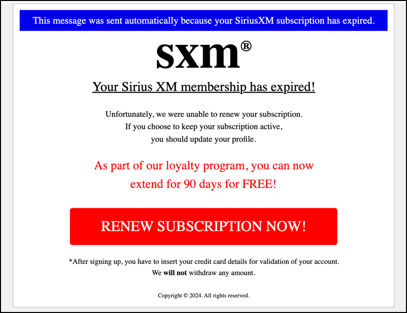 siriusxm renewal spam scam - full message