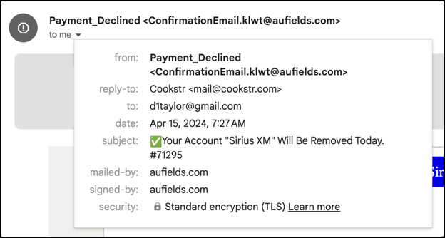 siriusxm renewal spam scam - sender details