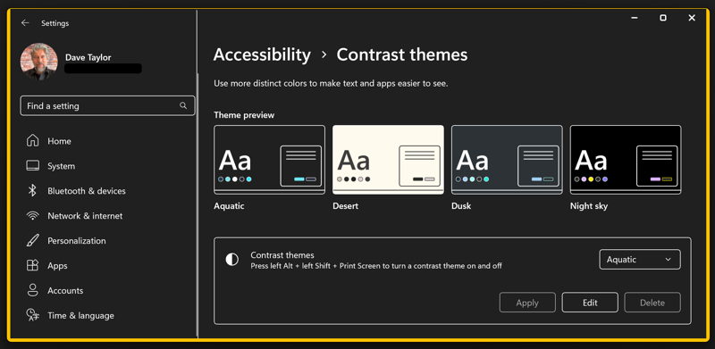 windows win11 pc interface contrast theme - contrast themes