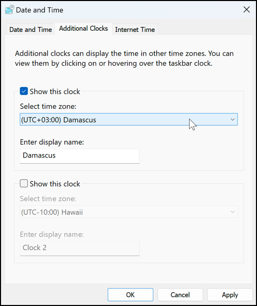 win11 world clock time display - settings > extra clocks - enabled