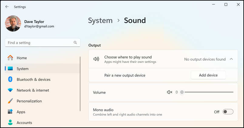 win11 pc no sound output device - system settings