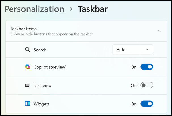 win11 taskbar search box - personalization > taskbar