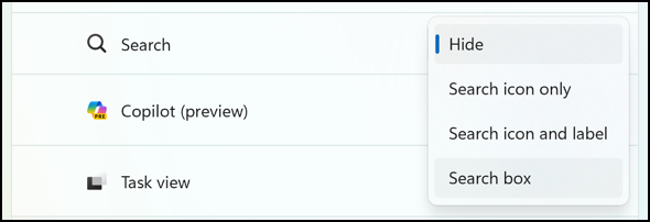 win11 taskbar search box - search box appearance options menu