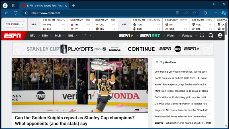 microsoft edge webpage screen capture - espn.com