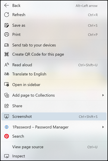 microsoft edge webpage screen capture - edge context menu