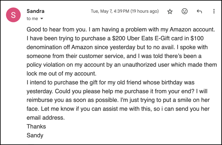 amazon ubereats gift card email scam - details 1
