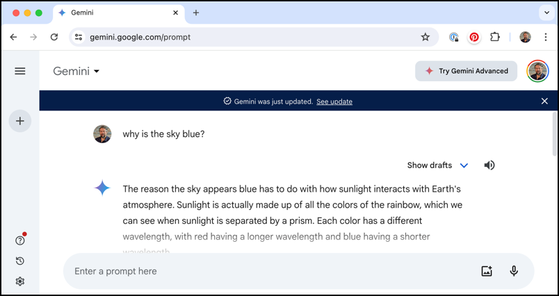 google chrome - gemini ai shortcut - gemini explains why the sky is blue