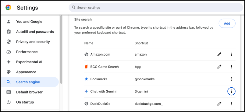 google chrome - gemini ai shortcut - @ shortcut search settings