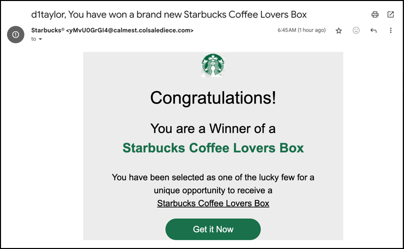 starbucks gift box spam scam - congratulations email