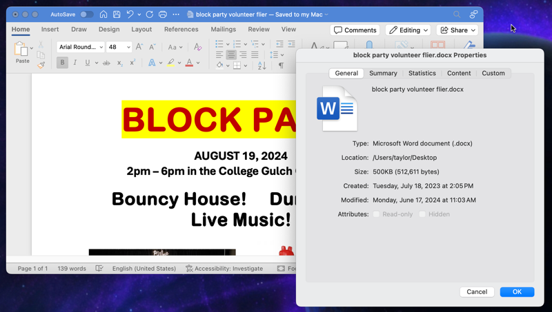 microsoft word mac doc creation owner - info window