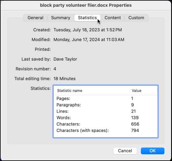 microsoft word mac doc creation owner - stats