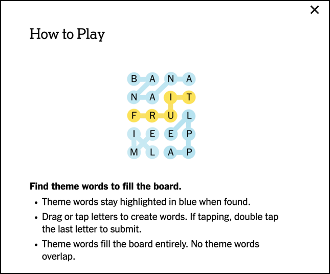 how to play nytimes strands word puzzle game - help screen 1