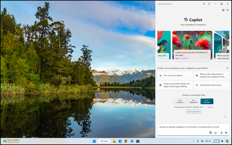 windows pc 11 copilot change wallpaper - with side panel