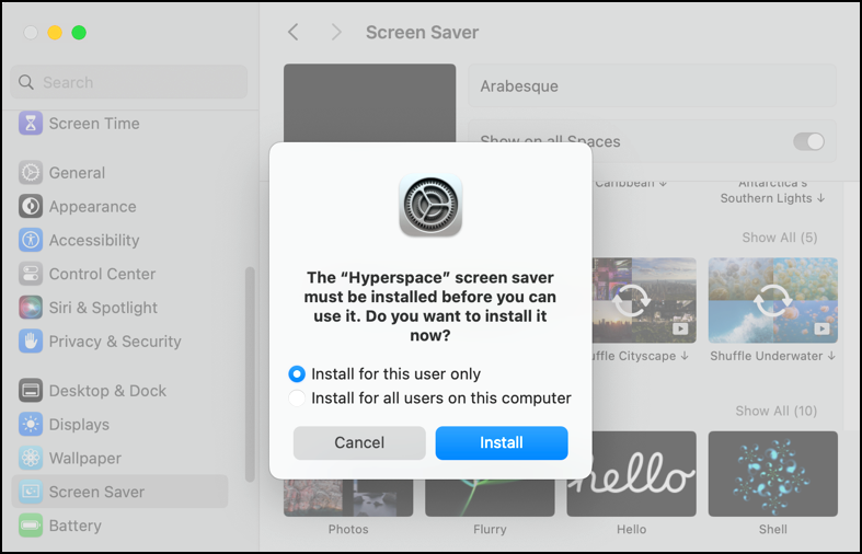 macos mac screensaver add new - sure you want to install?