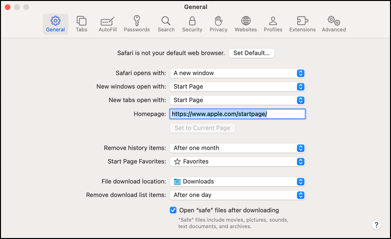 mac default web browser - safari settings