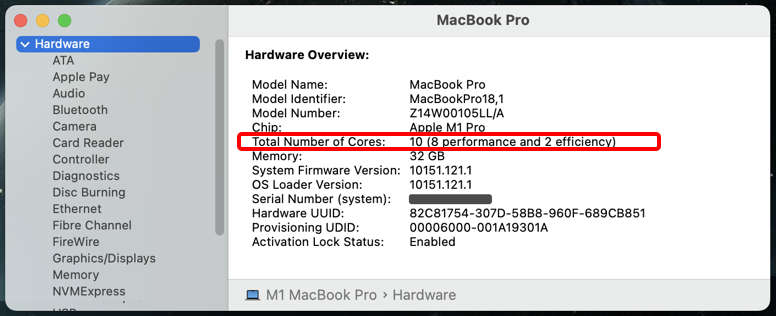 identify cpu gpu cores m1 m2 m3 apple mac - system report > general