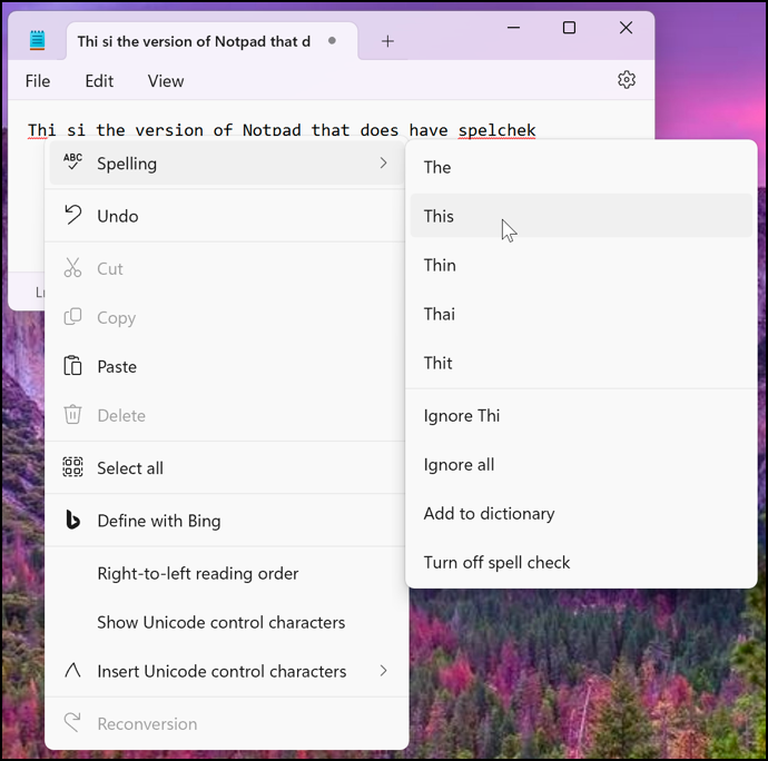 microsoft notepad  spellcheck - context menu