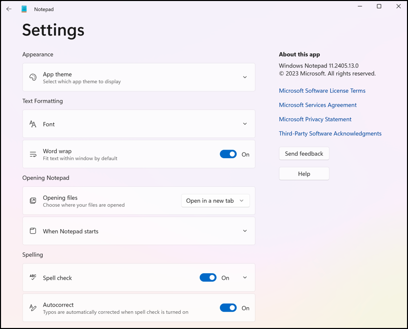 microsoft notepad  spellcheck - settings