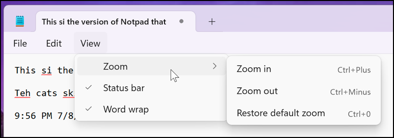 microsoft notepad  spellcheck - zoom feature