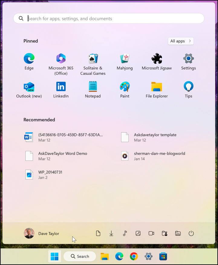 windows 11 start menu -  defaults