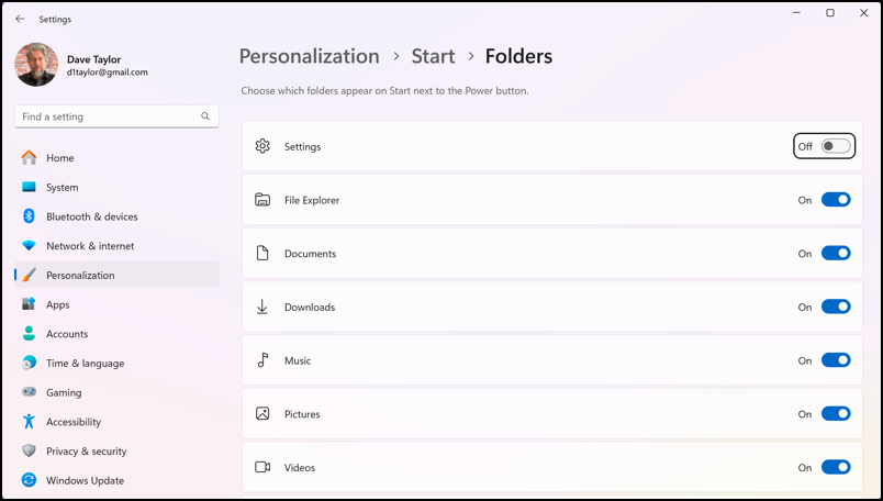 windows 11 start menu - settings > start > folders