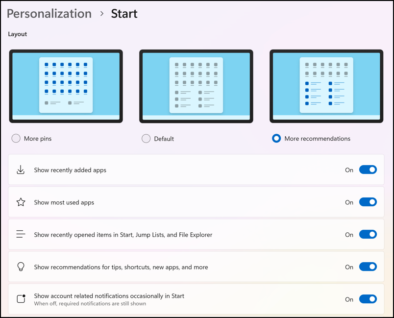 windows 11 start menu - personalization > start