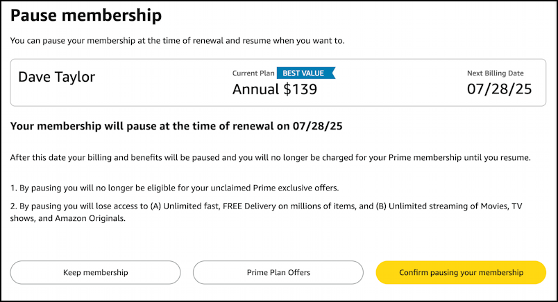 cancel pause amazon prime membership subscription - pause at renewal