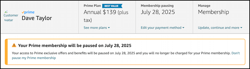 cancel pause amazon prime membership subscription - pause on renewal set up