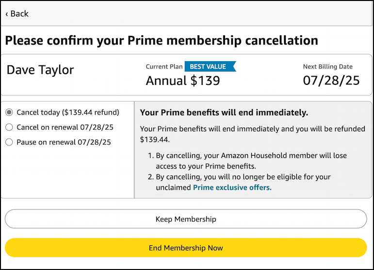 cancel pause amazon prime membership subscription - cancel pro-rated, pause